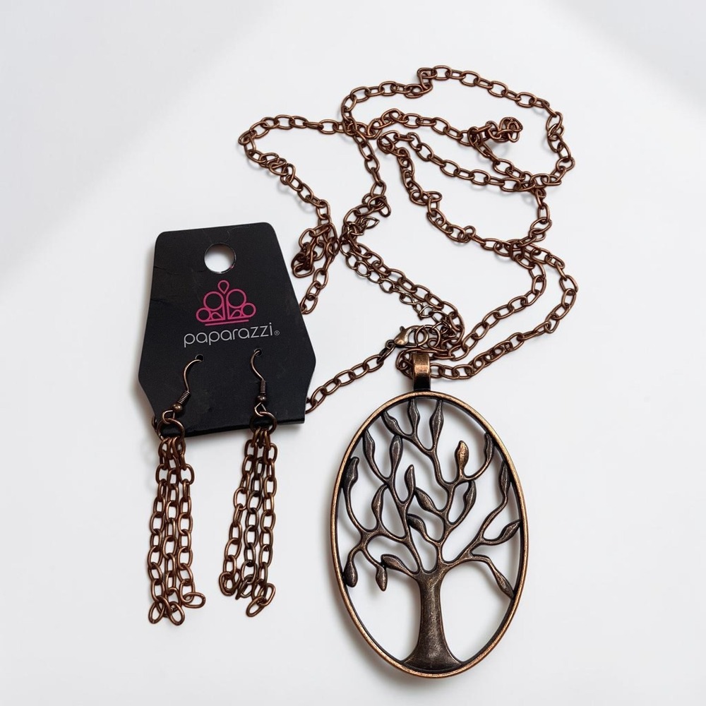 Paparazzi Copper Tree of Life Pendant Necklace and Fringe Earring Set Long 36in